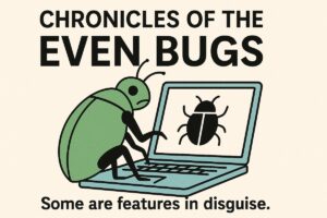 A horizontal flat-style digital illustration showing a green bug sitting on a light blue laptop. On the laptop screen is a black bug icon. Bold text above reads “CHRONICLES OF THE EVEN BUGS,” and below it says “Some are features in disguise.” The image humorously suggests that some system bugs are actually hidden stabilizing features.